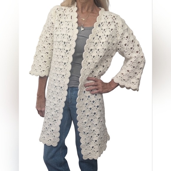 Vintage Cream Hand Crochet Cardigan CoatBoho Cottagecore Granny Chic M/L